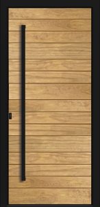 Porte d’entrée moderne DRYADE Naturel en aluminium et bois Accoya poignée barre de tirage verticale noire 1600mm dormant coloris RAL 9005 noir Finitions mat gamme CARPE DIEM