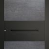 Porte d’entrée moderne KERNOS en aluminium et céramique anthracite poignée intégrée coloris RAL 7021 Finitions granité gamme CARPE DIEM