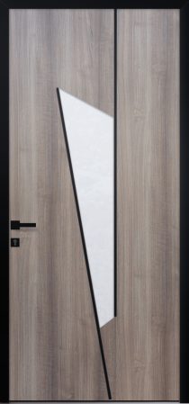 Porte d’entrée vitrée moderne FACTORY 1 en aluminium plaxé bois Anteack poignée DALLAS joncs alunox coloris RAL noir Finitions mat gamme PASSAGE