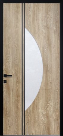 Porte d’entrée vitrée moderne HANDY 1 en aluminium plaxé bois Turner Oak poignée DALLAS joncs alunox coloris RAL noir Finitions mat gamme PASSAGE