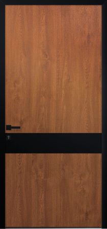 Porte d’entrée moderne MERANTI en aluminium plaxé bois Noyer poignée DALLAS noire et pièce décorative coloris RAL noir Finitions mat gamme PASSAGE