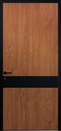 Porte d’entrée moderne MERANTI en aluminium plaxé bois Noyer poignée DALLAS noire et pièce décorative coloris RAL noir Finitions mat gamme PASSAGE