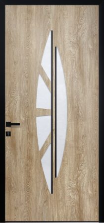Porte d’entrée vitrée moderne NAUTILUS 5 en aluminium plaxé bois Turner Oak poignée DALLAS joncs alunox coloris RAL noir Finitions mat gamme PASSAGE