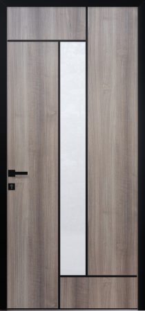 Porte d’entrée vitrée moderne STEAM 1 en aluminium plaxé bois Anteack poignée DALLAS joncs alunox coloris RAL noir Finitions mat gamme PASSAGE