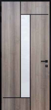 Porte d'entrée vitrée en aluminium plaxé STEAM 1 intérieur Anteack poignée DALLAS noire