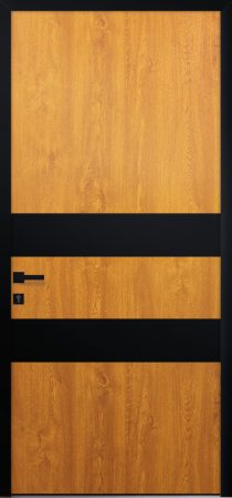 Porte d’entrée moderne WENGE en aluminium plaxé bois chêne doré DALLAS pièces décoratives coloris RAL noir Finitions mat gamme PASSAGE