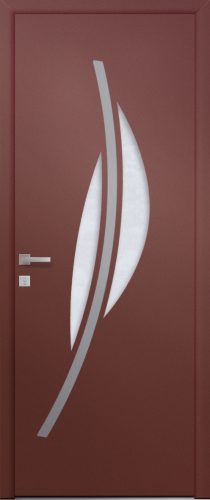Porte d’entrée vitrée moderne VALERIANE 2 en aluminium poignée DALLAS coloris RAL 3004 rouge rubis Finitions granité gamme PASSAGE