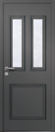 Porte d’entrée traditionnelle en aluminium vitrée PERSEE 2L poignée NEW YORK RAL 7012 gris basalte finitions sablé gamme PASSAGE